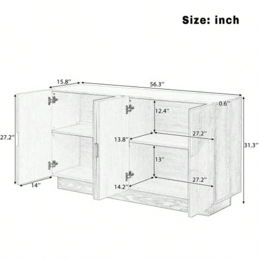 TREXM 4 - Door Large Storage Sideboard, Wood Sideboard Cabinet with Semi - Circular Handles and Adjustable Shelves Dining Room, Kitchen, and Living Room Natural