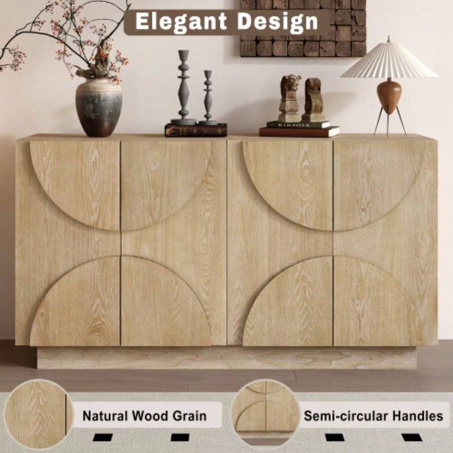 TREXM 4 - Door Large Storage Sideboard, Wood Sideboard Cabinet with Semi - Circular Handles and Adjustable Shelves Dining Room, Kitchen, and Living Room Natural