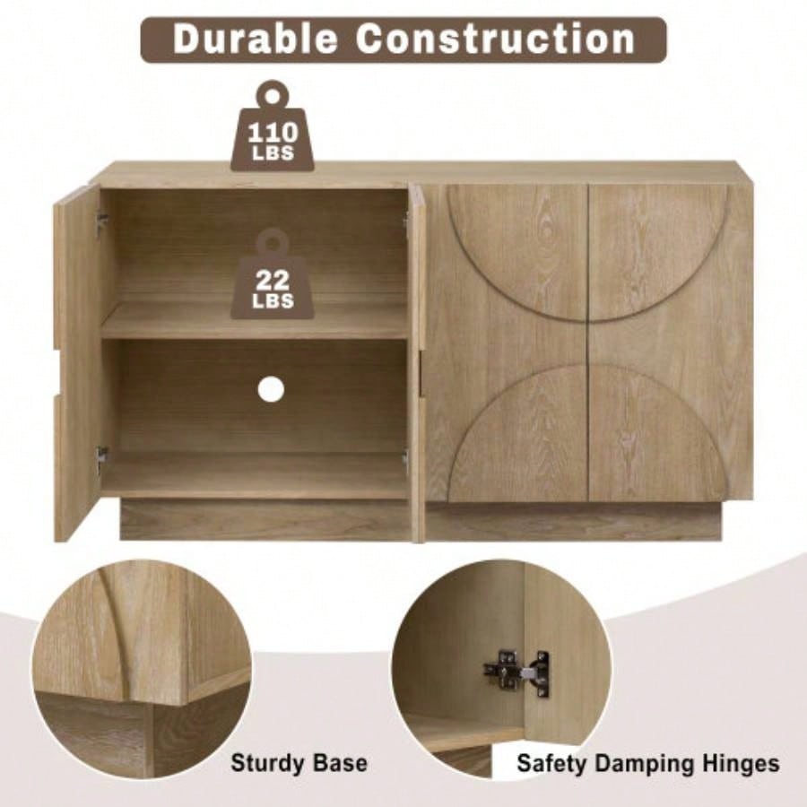 TREXM 4 - Door Large Storage Sideboard, Wood Sideboard Cabinet with Semi - Circular Handles and Adjustable Shelves Dining Room, Kitchen, and Living Room Natural