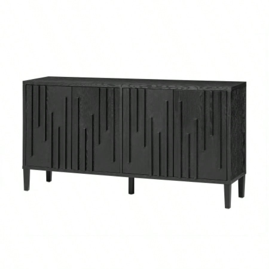 UStyle 59.8 4 - Door Sideboard, Hidden Handle, Distinctive Solid Ash Veneer Buffet with Storage, Farmhouse Sideboard TV Stand Living Room, Hallway, Dining, Wood Office CredenzaBlack