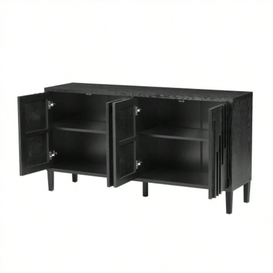 UStyle 59.8 4 - Door Sideboard, Hidden Handle, Distinctive Solid Ash Veneer Buffet with Storage, Farmhouse Sideboard TV Stand Living Room, Hallway, Dining, Wood Office CredenzaBlack