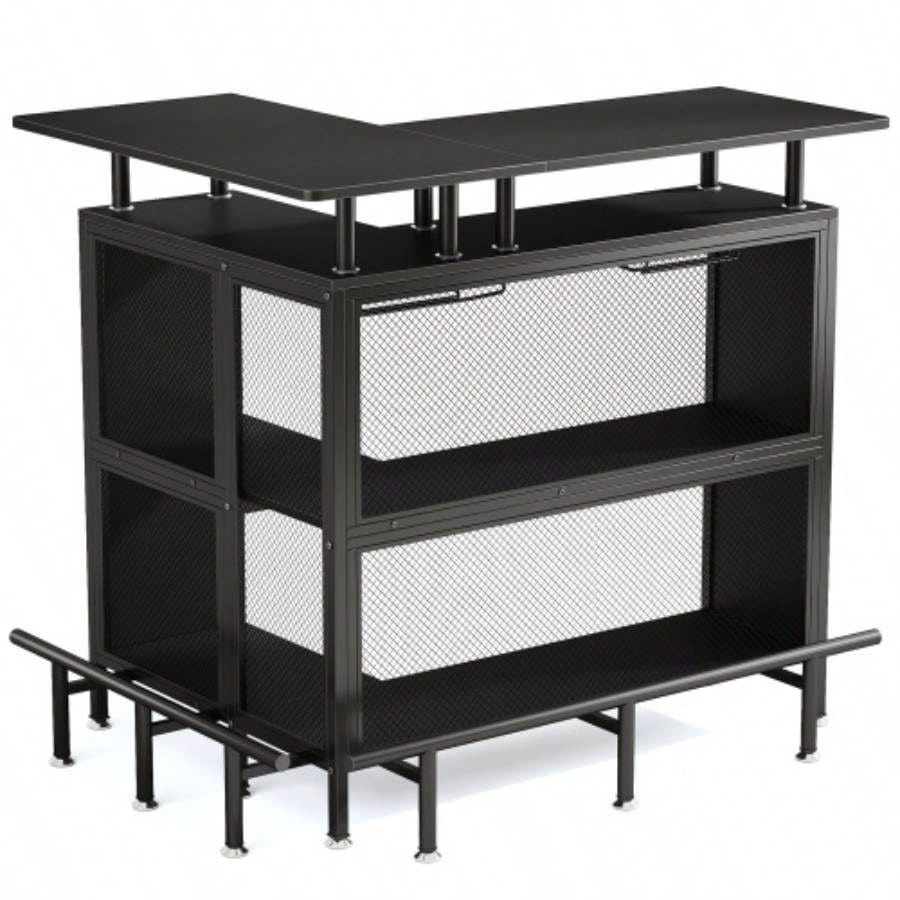 36x 48 L - Shaped Home Bar Unit with Footrest - Modern Corner Liquor Cabinet with 2 - Tier Shelves Glass Racks, Industrial Black Bar Table Home, Kitchen, or Pub