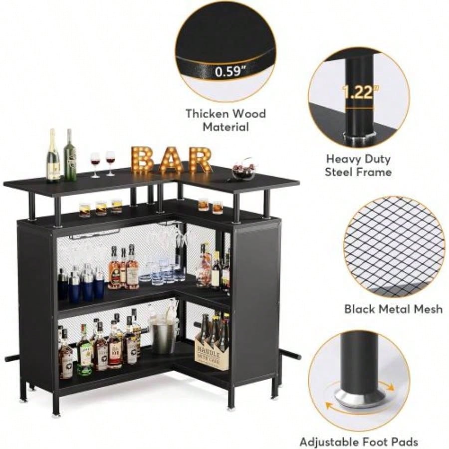 36x 48 L - Shaped Home Bar Unit with Footrest - Modern Corner Liquor Cabinet with 2 - Tier Shelves Glass Racks, Industrial Black Bar Table Home, Kitchen, or Pub