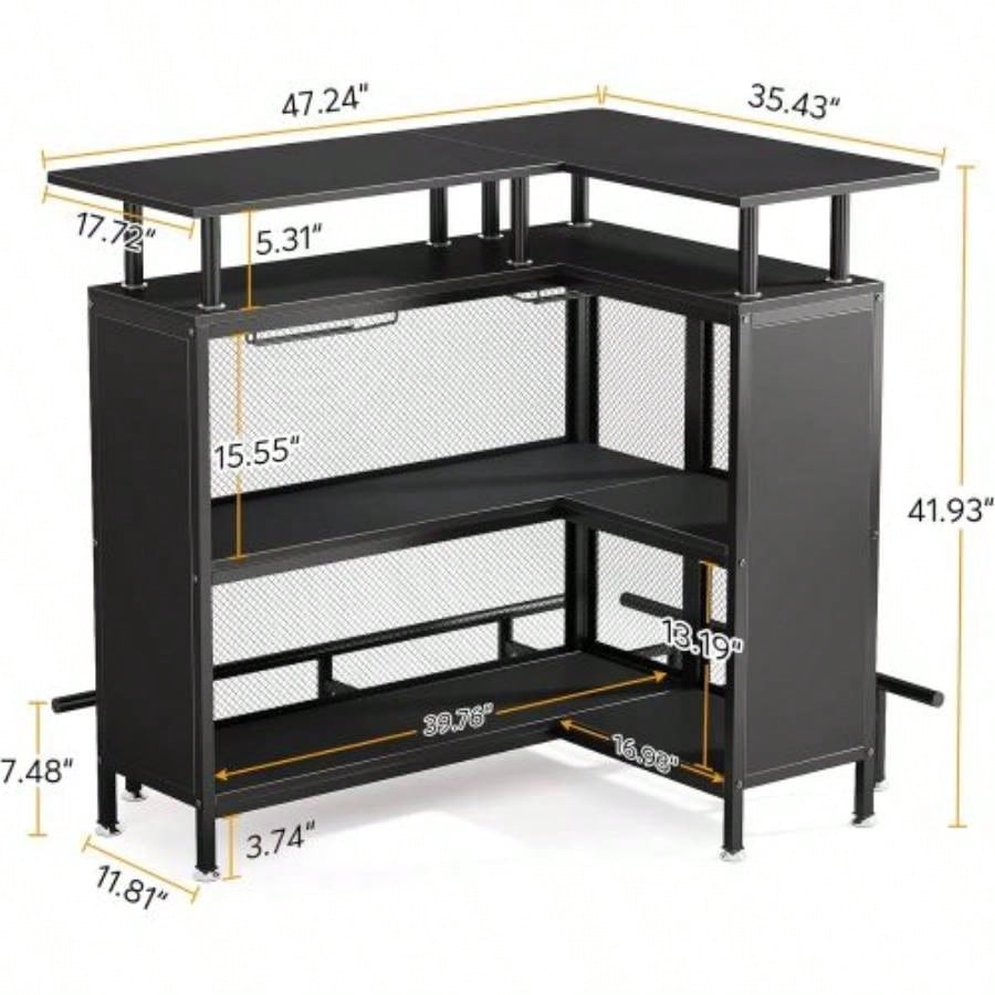 36x 48 L - Shaped Home Bar Unit with Footrest - Modern Corner Liquor Cabinet with 2 - Tier Shelves Glass Racks, Industrial Black Bar Table Home, Kitchen, or Pub