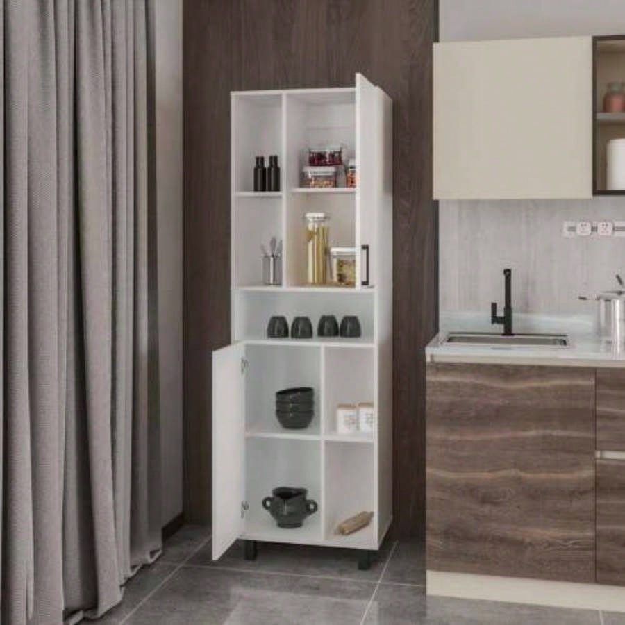 White Kitchen Pantry with Open Storage and 2 Doors