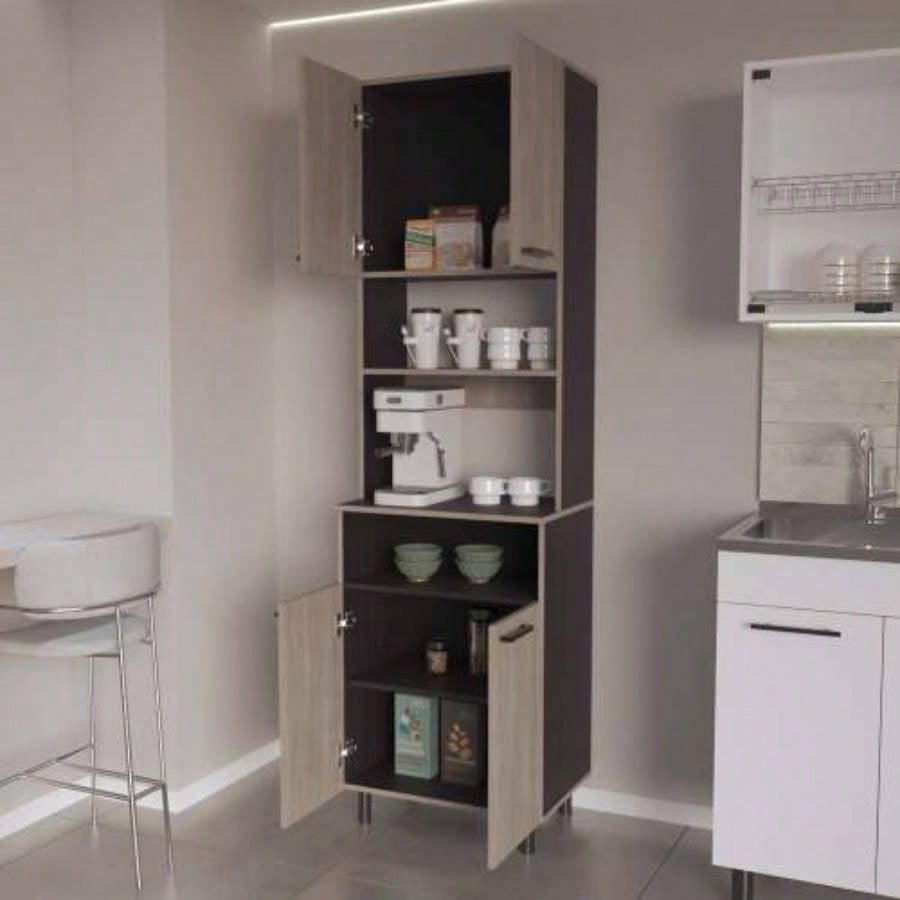 White Oak and Wengue Kitchen Pantry with Open Storage and 4 Doors