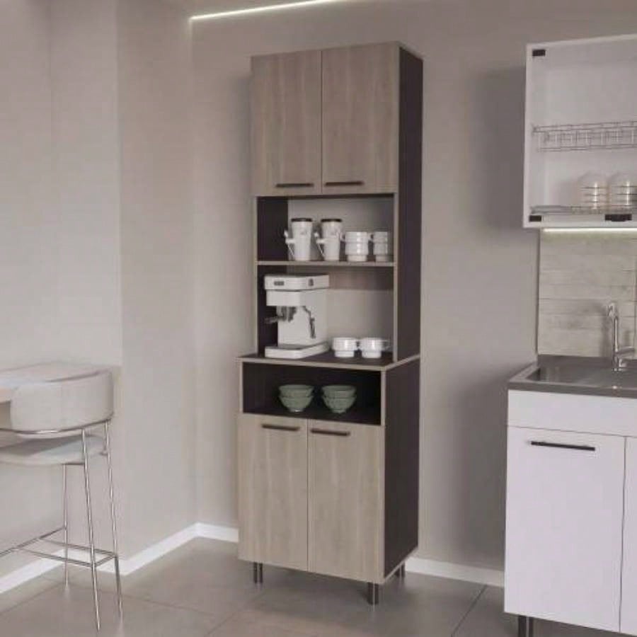 White Oak and Wengue Kitchen Pantry with Open Storage and 4 Doors