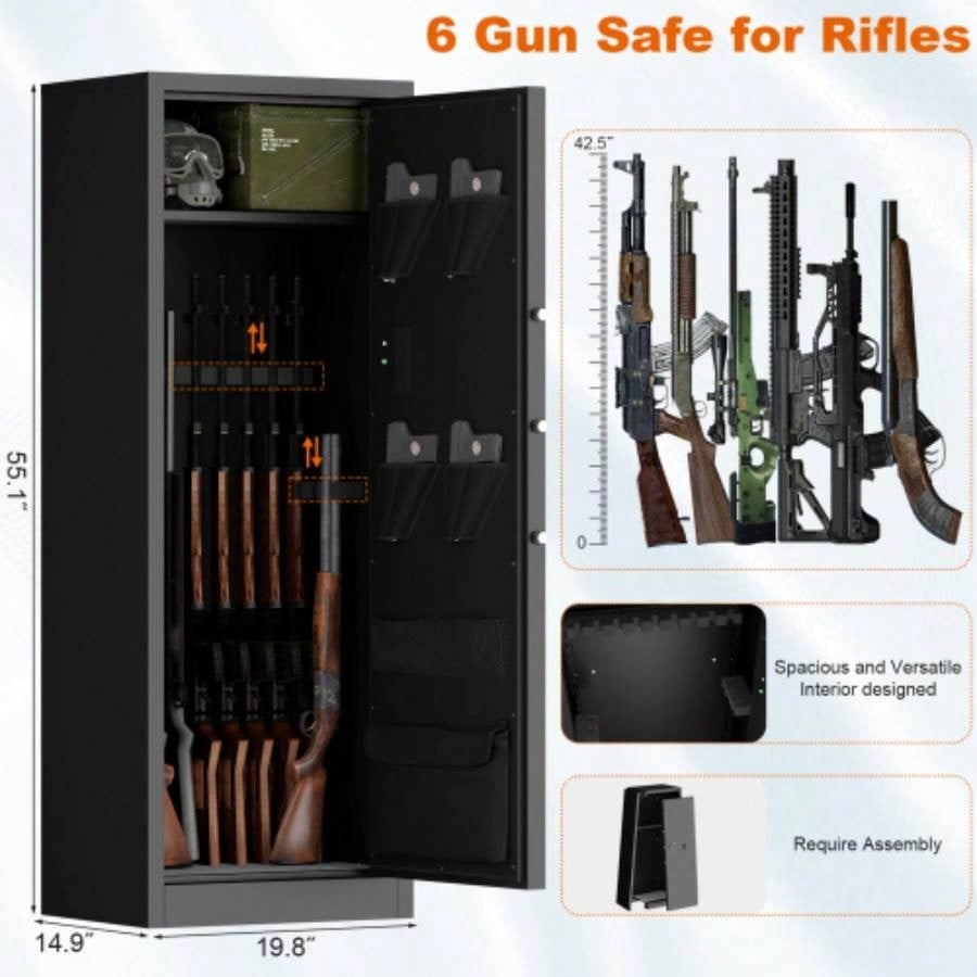 Steel Large Fireproof and Waterproof Gun Safe, Supporting Classified Storage of Multiple Types of Firearms, Equipped with Pistol Pouches, a Programmable Keypad, Dual Backup Keys and a Alarm System.