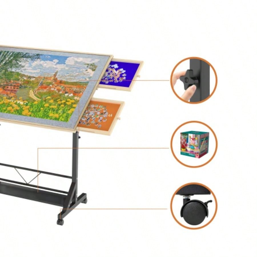 Wooden 1500 Piece Puzzle Table with Drawer, 3527.17 Adjustable Puzzle Table, 360 Tilting Puzzle Table with and Wheels, Adjustable Height and Angle, with Protective Cover BACK TO SCHOOL