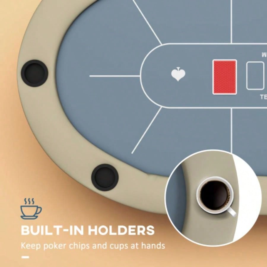 Soozier Poker Table Foldable, 70 Oval Blackjack Casino Texas Holdem Poker Game Table 10 Players with Cup Holders, Blue and Brown