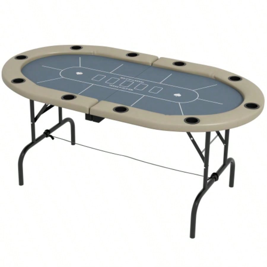 Soozier Poker Table Foldable, 70 Oval Blackjack Casino Texas Holdem Poker Game Table 10 Players with Cup Holders, Blue and Brown