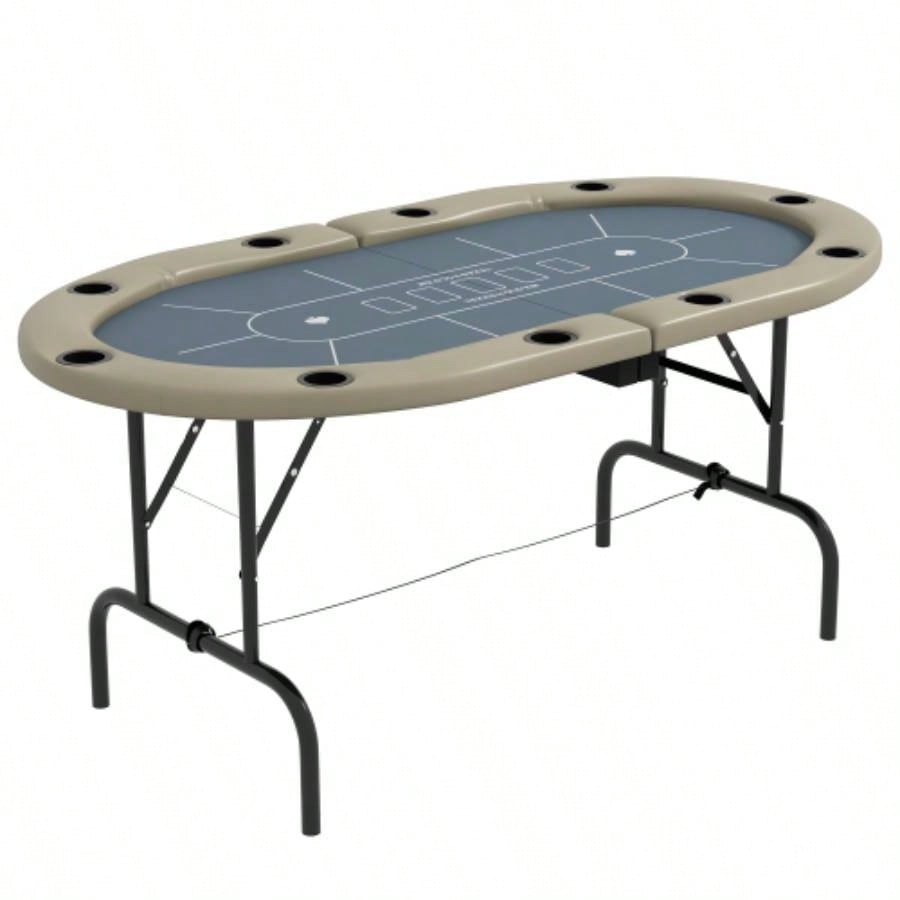 Soozier Poker Table Foldable, 70 Oval Blackjack Casino Texas Holdem Poker Game Table 10 Players with Cup Holders, Blue and Brown