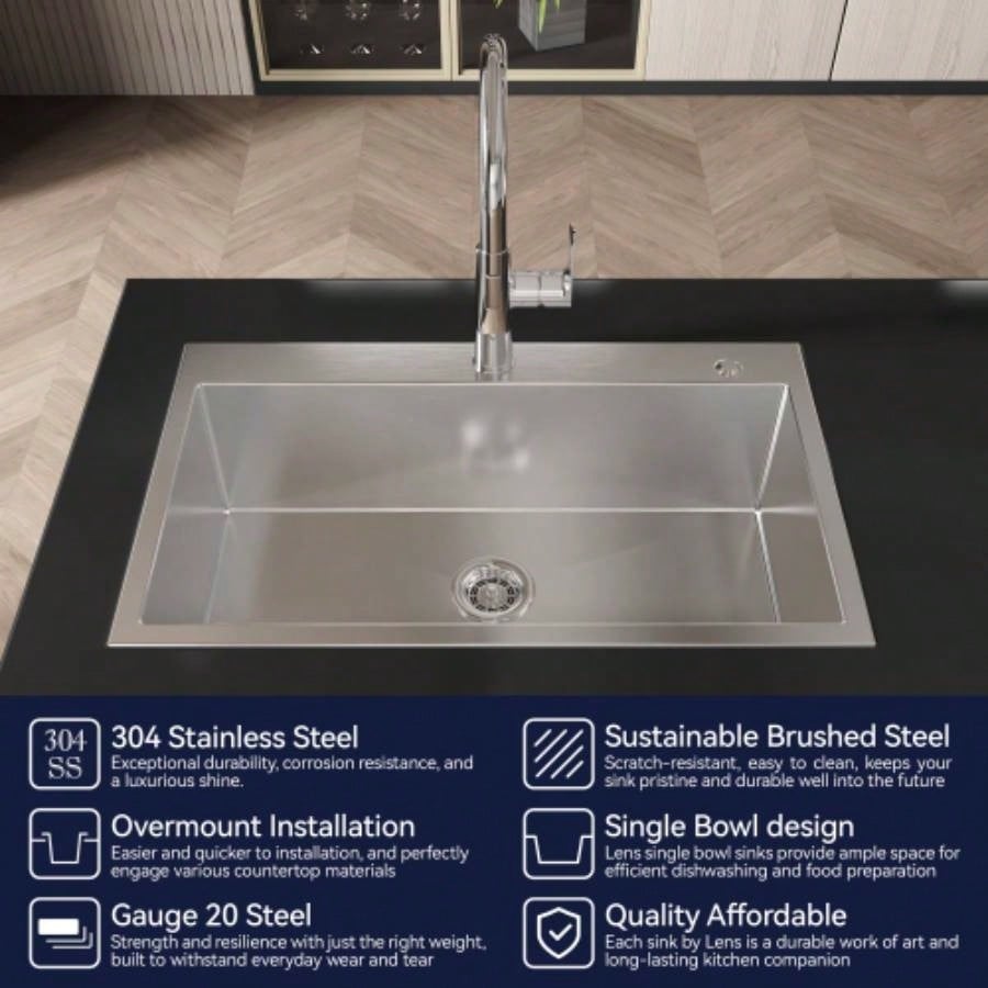 Stainless Steel Kitchen Sink, 32x19 Single Bowl, Overmount Handmade Sink in Brushed Nickel, with US Standard Drain and Hook, LS - SSBR02