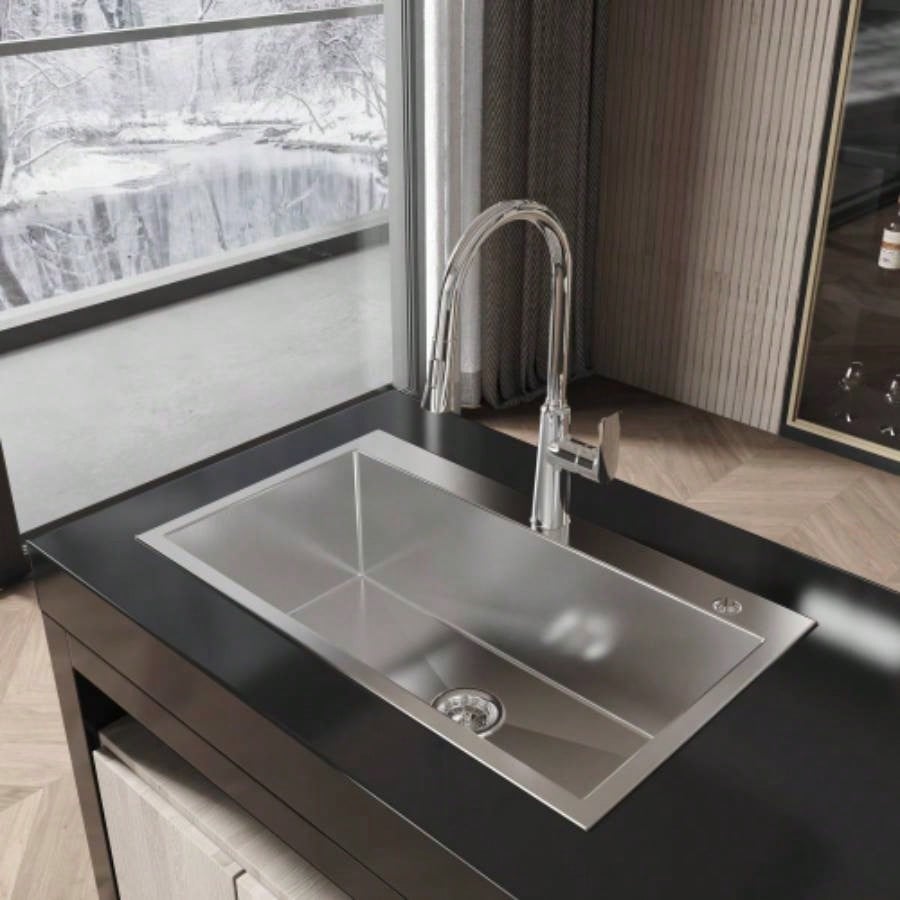 Stainless Steel Kitchen Sink, 32x19 Single Bowl, Overmount Handmade Sink in Brushed Nickel, with US Standard Drain and Hook, LS - SSBR02