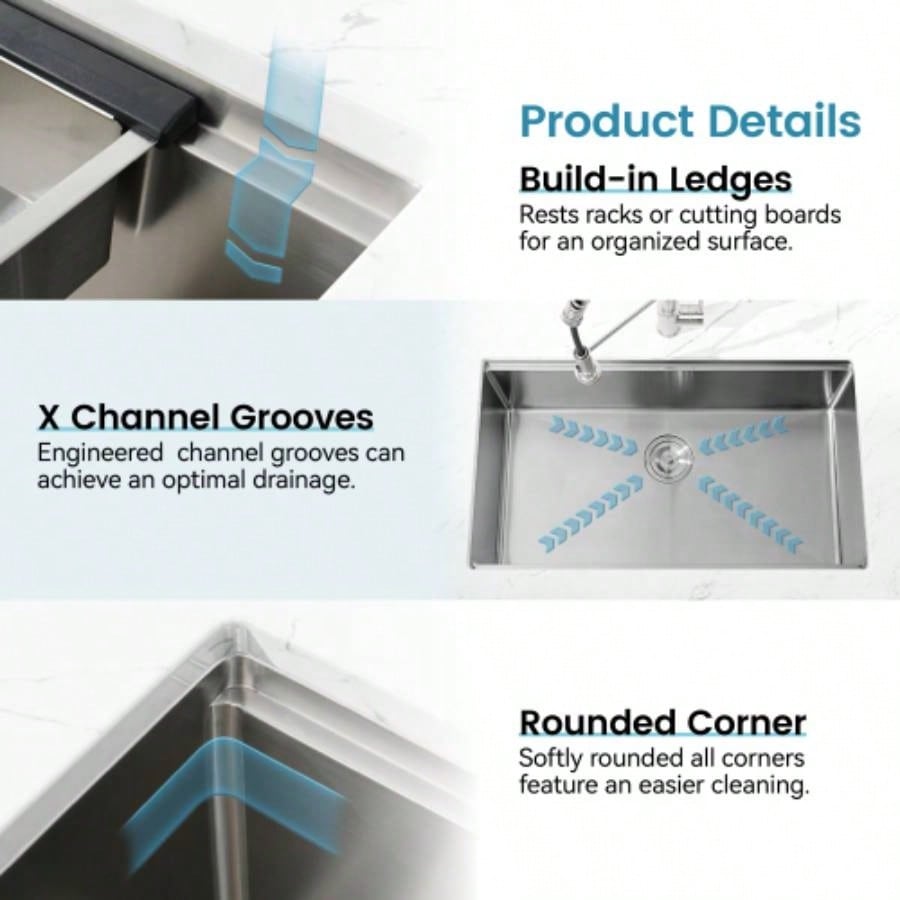 Stainless Steel Kitchen Sink, 33x19 Single Bowl, Undermount Handmade Sink in Dark Gray, with Cutting Board, Colander