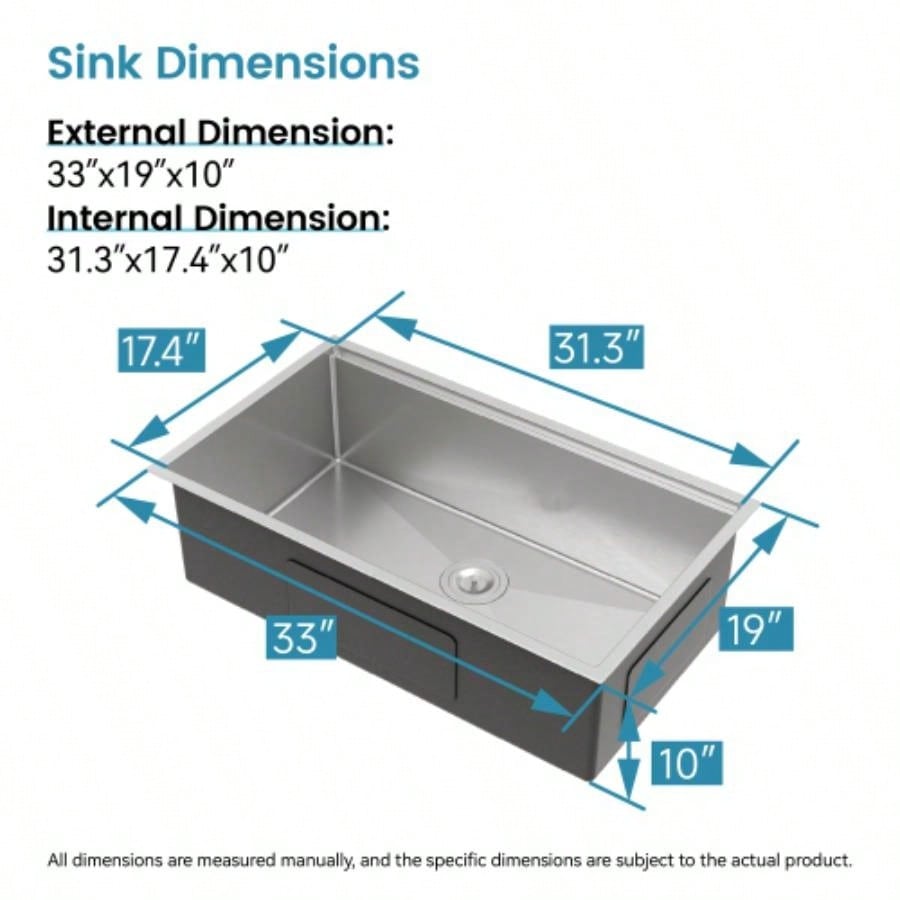 Stainless Steel Kitchen Sink, 33x19 Single Bowl, Undermount Handmade Sink in Dark Gray, with Cutting Board, Colander
