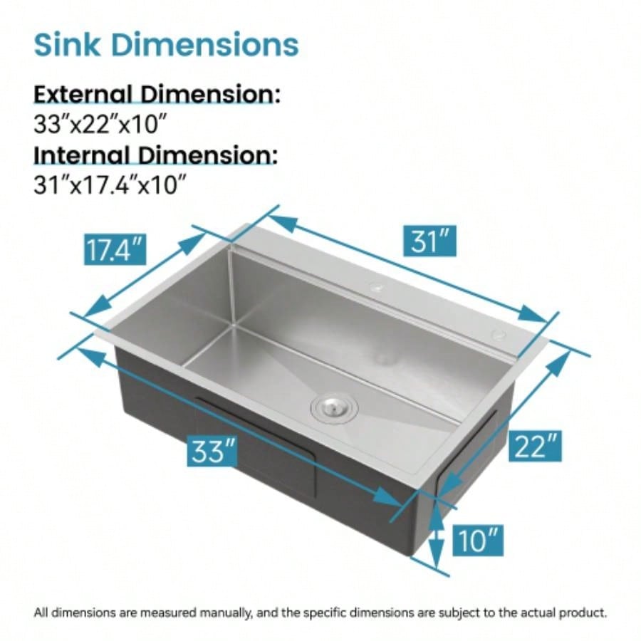 Stainless Steel Kitchen Sink, 33x22 Single Bowl, Overmount Handmade Sink in Brushed, with Cutting Board, Colander, SS - BR01D - 332208