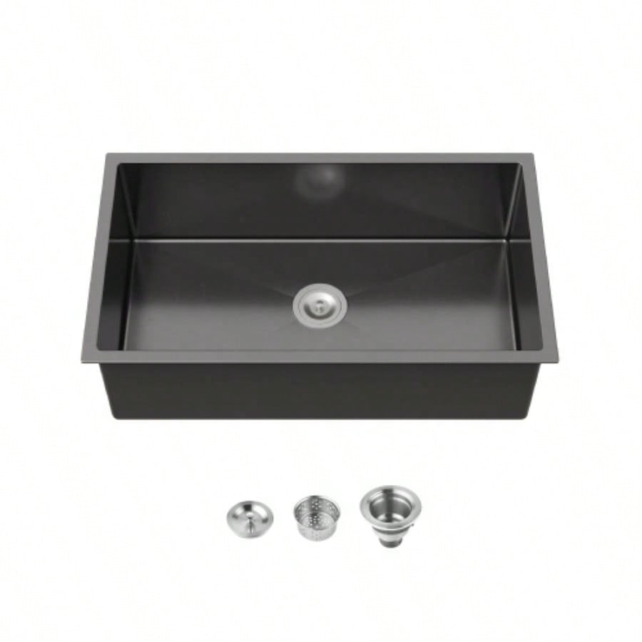 Stainless Steel Kitchen Sink, 33x19 Single Bowl, Undermount Handmade Sink in Black, with US Standard Drain and Hook