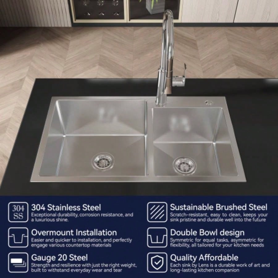 Stainless Steel Kitchen Sink, 32x19 Double Bowl in Brushed Nickel, Overmount Handmade Sink, with US Standard Drain and Hook, LS - SSBR03