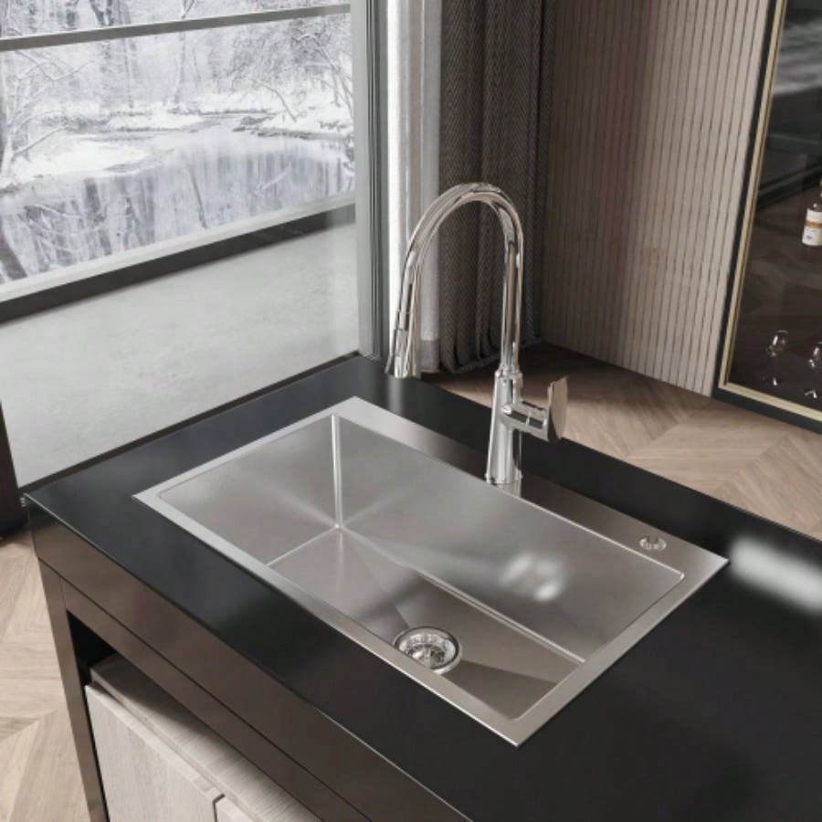 Stainless Steel Kitchen Sink, 30x19 Single Bowl, Overmount Handmade Sink in Brushed Nickel, with US Standard Drain and Hook, LS - SSBR04