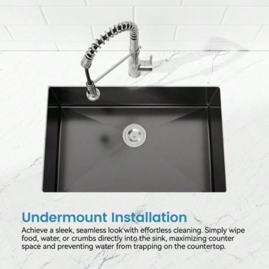 Stainless Steel Kitchen Sink, 27x19 Single Bowl, Undermount Handmade Sink in Black, with US Standard Drain and Hook