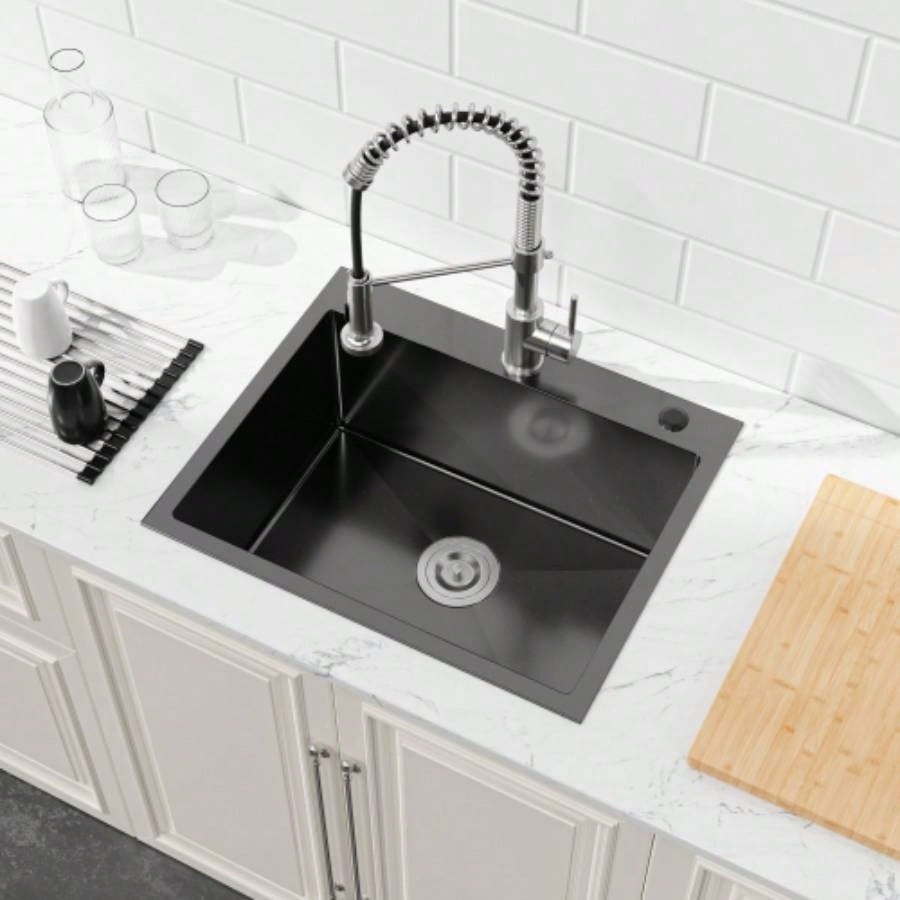Stainless Steel Kitchen Sink, 23x19 Single Bowl, Undermount Handmade Sink in Black, with US Standard Drain and Hook, LS - SSBL02