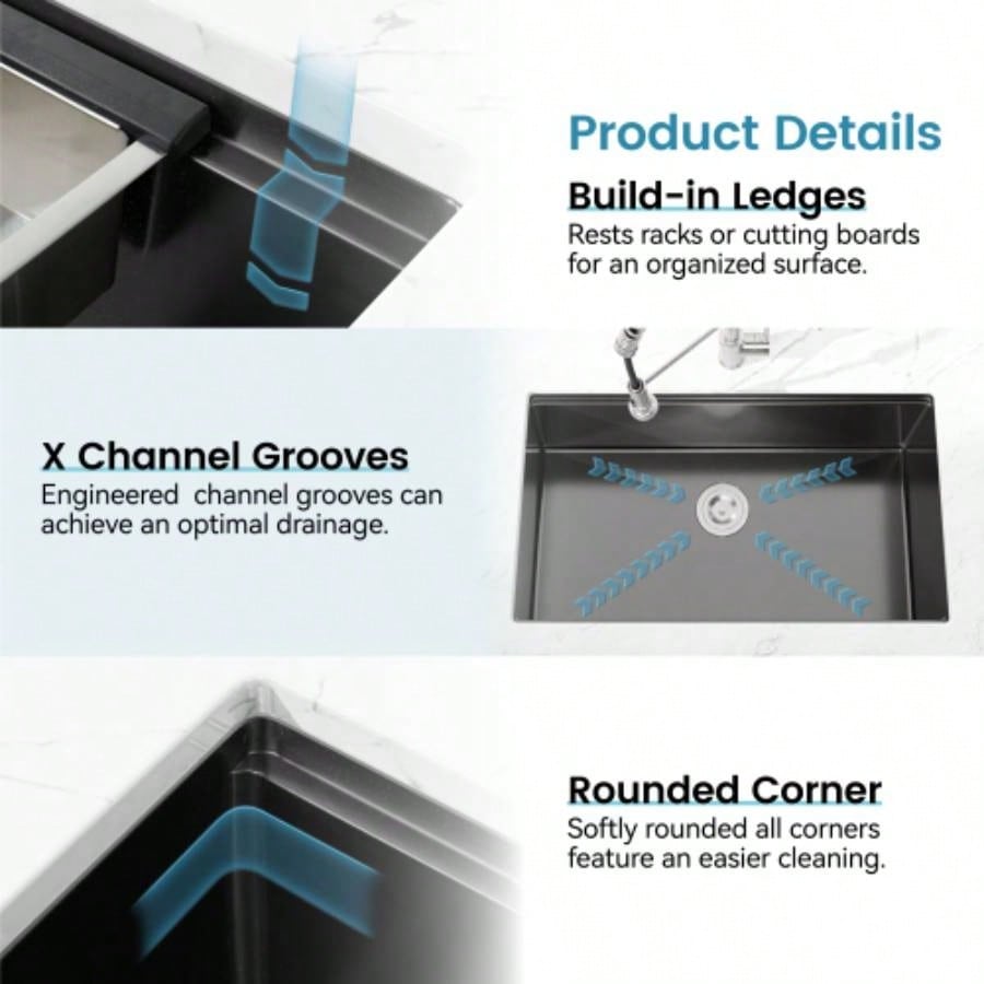Stainless Steel Kitchen Sink, 33x19 Single Bowl, Undermount Handmade Sink in Brushed, with Cutting Board, Colander