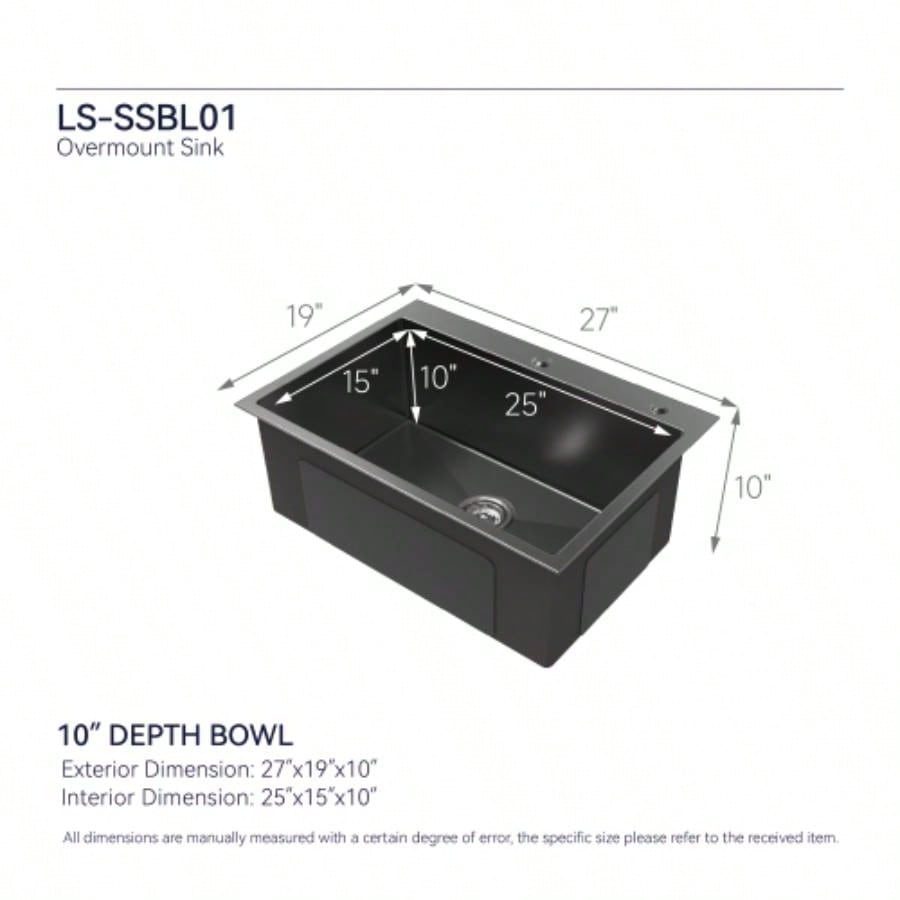 Stainless Steel Kitchen Sink, 27x19 Single Bowl, Overmount Handmade Sink in Black, with US Standard Drain and Hook, LS - SSBL01