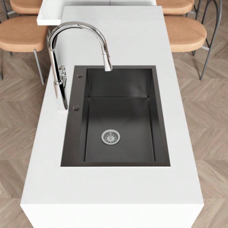 Stainless Steel Kitchen Sink, 27x19 Single Bowl, Overmount Handmade Sink in Black, with US Standard Drain and Hook, LS - SSBL01