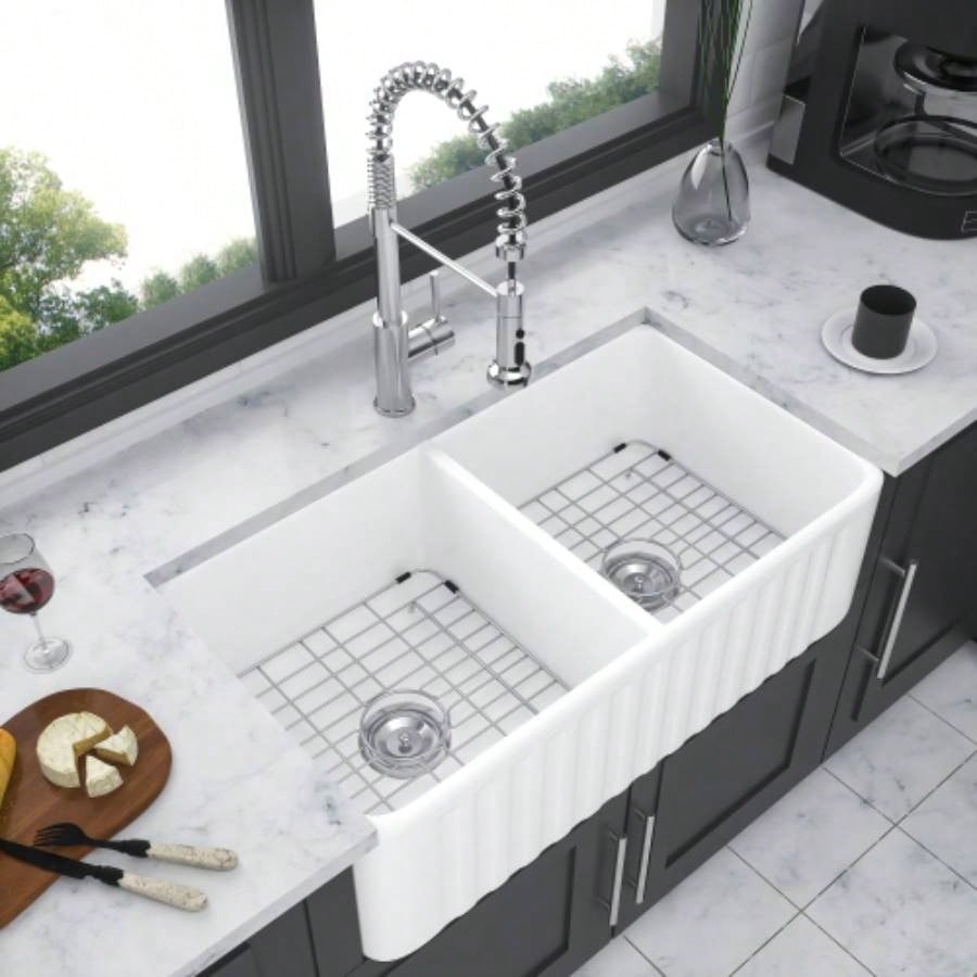 White Farmhouse Sink - 33 Inch Kitchen Sink Apron Front Double Bowl 50/50 White Ceramic Kitchen Farm Sink