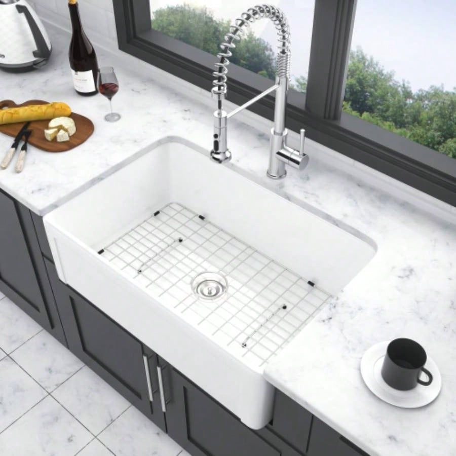 White Farmhouse Sink - 30 inch Kitchen Sink Apron - front White Ceramic Reversible Single Bowl Kitchen Farm Sinks
