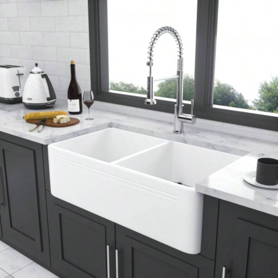 White Farmhouse Sink - 33 Inch Kitchen Sink Apron Front Double Bowl 50/50 White Ceramic Kitchen Farm Sink