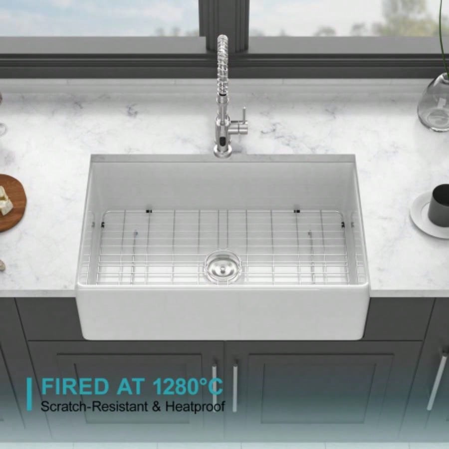 White Kitchen Sink - 33 inch White Porcelain Ceramic Single Bowl Reversible Design Kitchen Sink