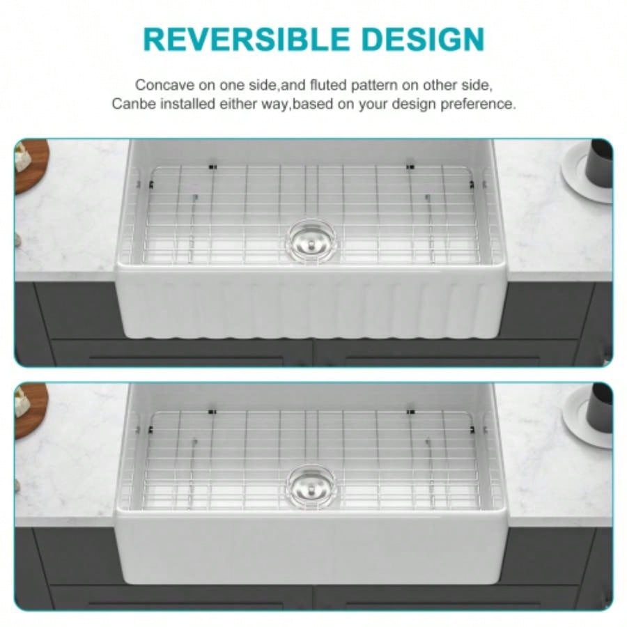 White Kitchen Sink - 33 inch White Porcelain Ceramic Single Bowl Reversible Design Kitchen Sink