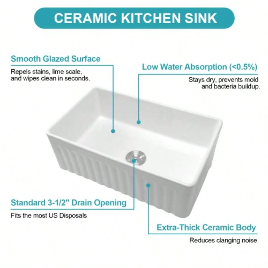 White Kitchen Sink - 33 inch White Porcelain Ceramic Single Bowl Reversible Design Kitchen Sink