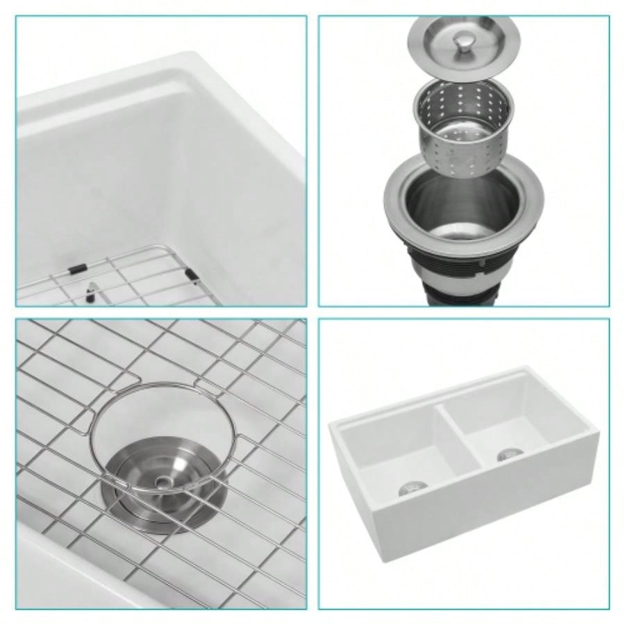 White Farmhouse Sink Workstation - 33 inch White Ceramic Double Bowl Farm Kitchen Sink