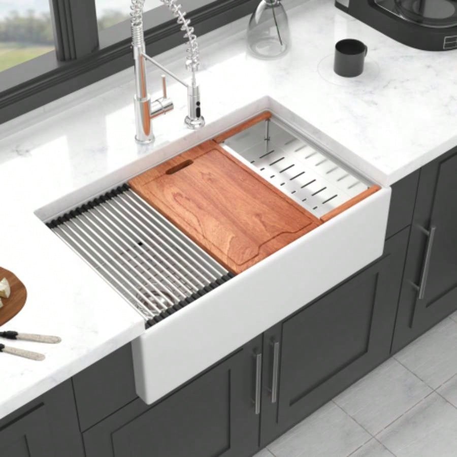 White Farmhouse Sink Workstation - 33 inch White Ceramic Double Bowl Farm Kitchen Sink