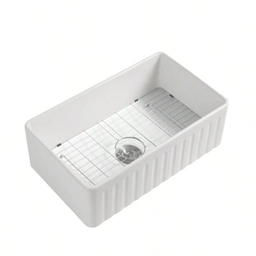 Fireclay 33 L X 20 Farmhouse Kitchen Sink with Grid and Strainer