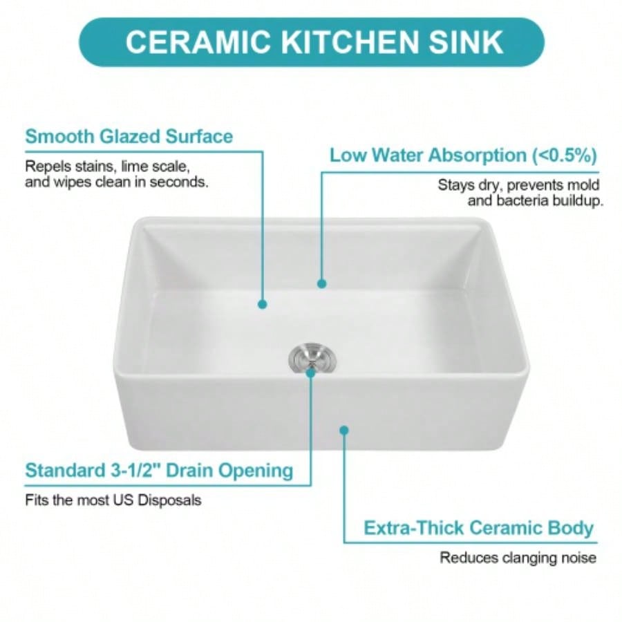 White Kitchen Sink Workstation - 33 inch White Porcelain Ceramic Sngle Bowl Kitchen Sink