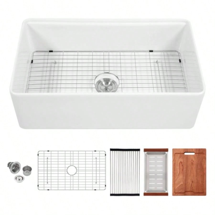 White Kitchen Sink Workstation - 33 inch White Porcelain Ceramic Sngle Bowl Kitchen Sink