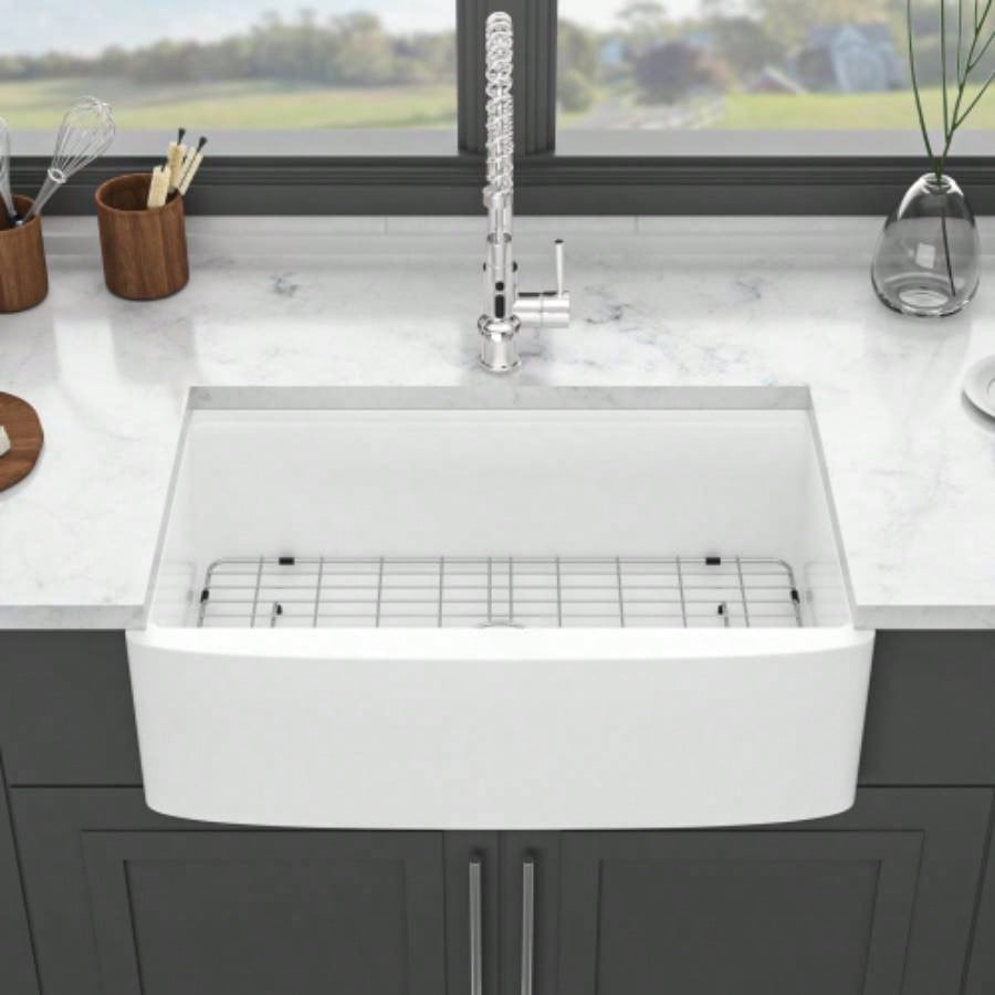 White Farmhouse Sink Workstation - 33 inch White Ceramic Single Bowl Farm Kitchen Sink