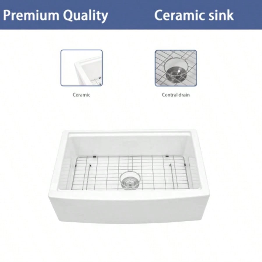 White Farmhouse Sink Workstation - 33 inch White Ceramic Single Bowl Farm Kitchen Sink