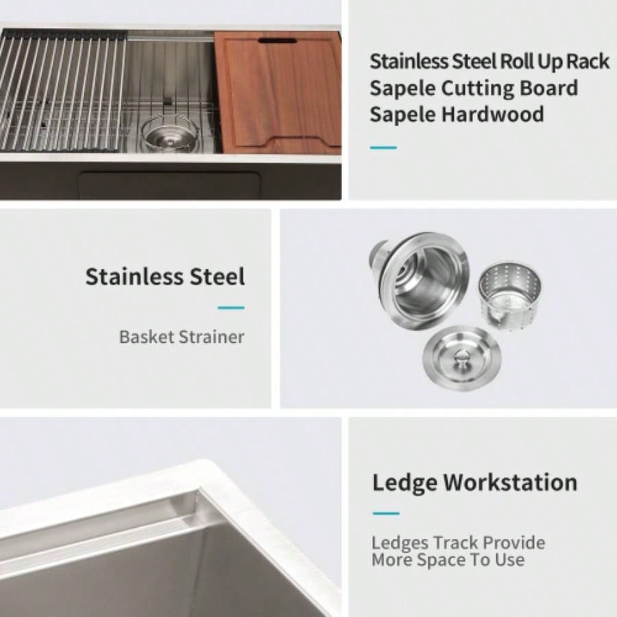 Undermount Workstation Kitchen Sink - 30x18x 10 Inch Stainless Steel 16 Gauge Deep Single Bowl Sink