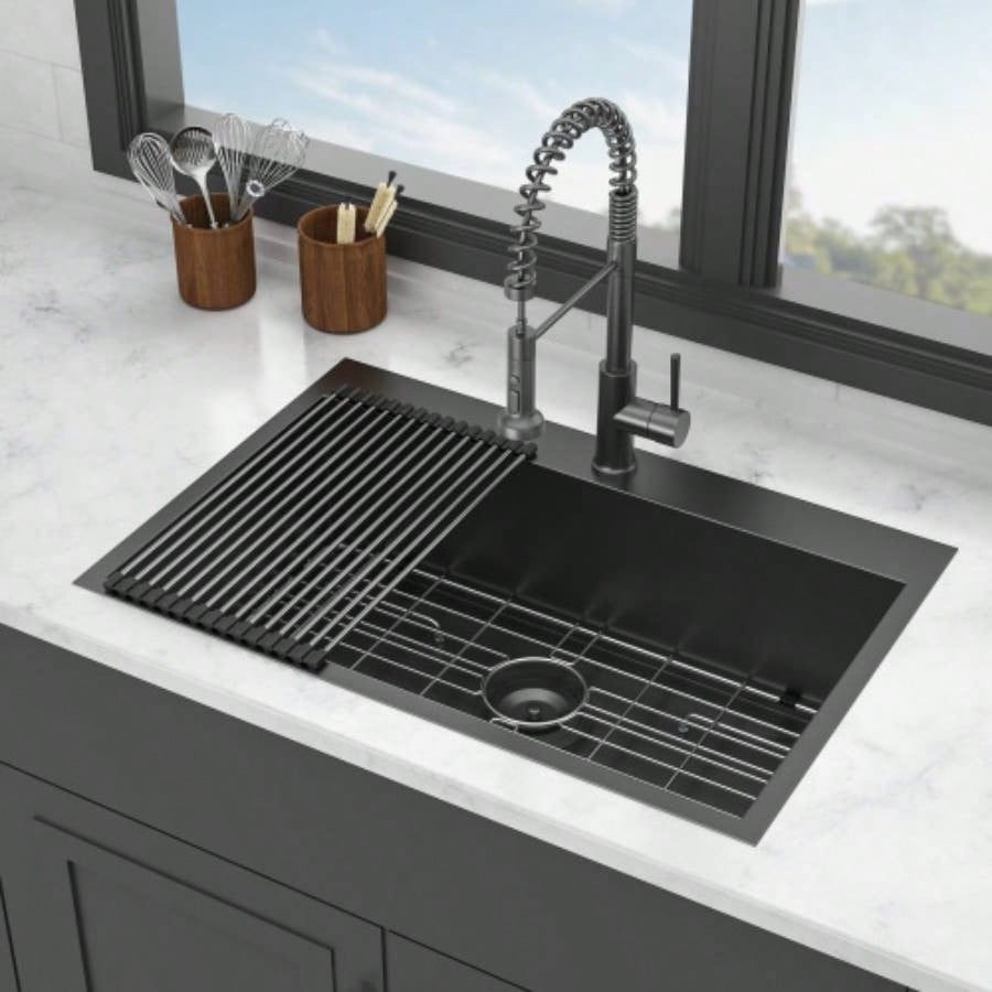30 Drop In Kitchen Sink - Topmount Gunmetal Black Stainless Steel 16 Gauge Singe Bowl Kitchen Sink Basin