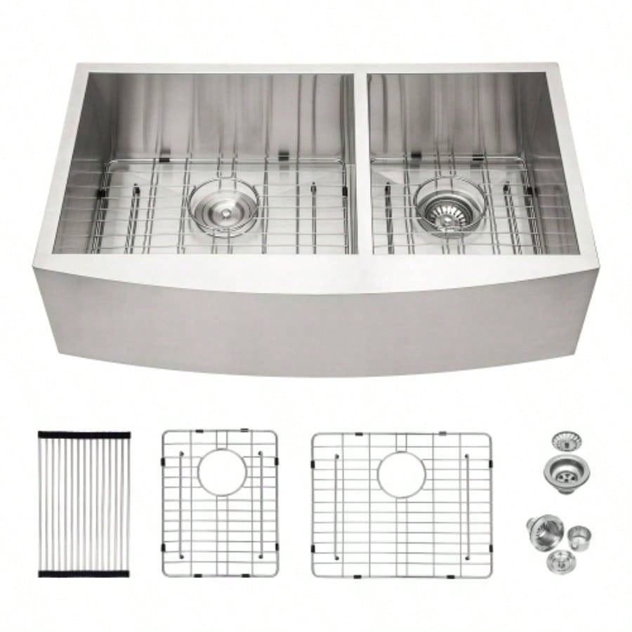 Double Bowl Farmhouse Sink - 33x20 Stainless Steel Farm Sink Undermount Apron Front Double Bowl Kitchen Sink 16 Gauge with Two 9 Deep Basin