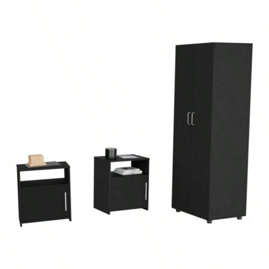 3 Piece Bedroom Set, London Armoire+ 2 Omaha Nightstands, Black