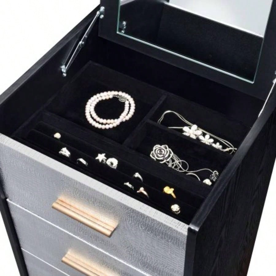 Black and Silver 4 - drawer Jewelry Armoire with Lift - top