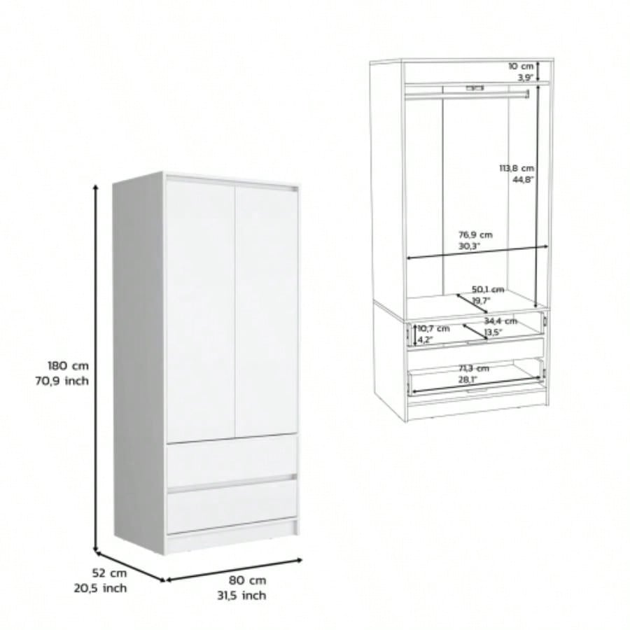 Laurel 2 Piece Bedroom Set, Nightstand+ Armoire, White