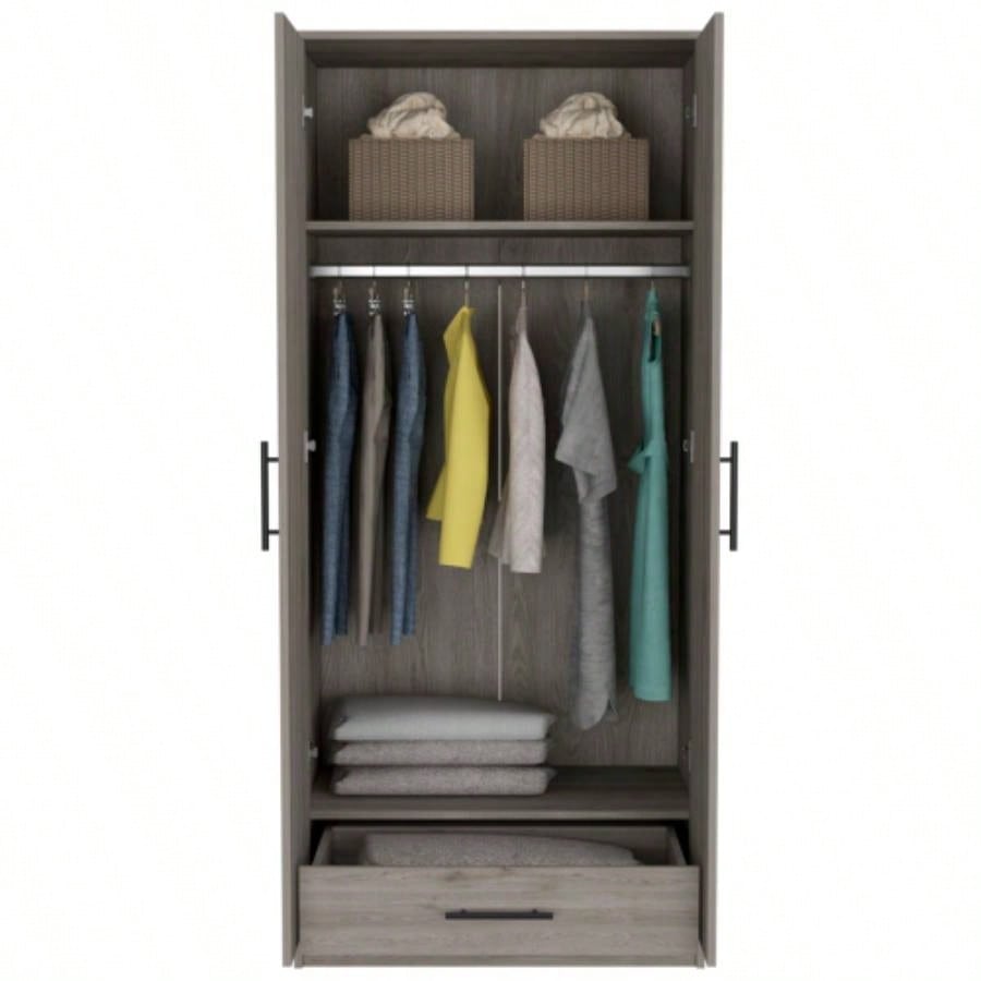Armoire, Double Door Cabinets, Metal Rod, Metal Handle, Two Shelves, One Drawer, Light Gray