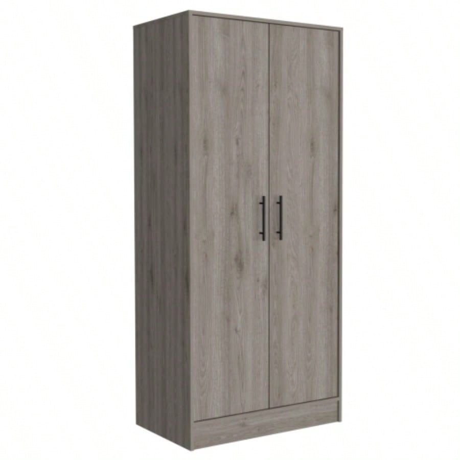 Armoire, Double Door Cabinets, Metal Rod, Metal Handle, Two Shelves, One Drawer, Light Gray